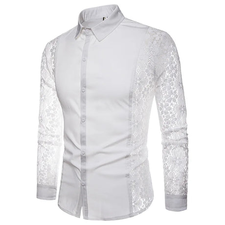 Mens Flower Patchwork Embroidery Lace Shirt 2019 Fashion Transparent Sexy Dress Shirts Mens See Trough Club Party Event Chemise - Lootquake