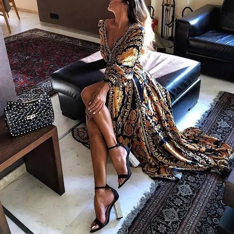 2021 New Style Fashion Elegant Women Sexy Boat Neck Glitter Deep V Neck Print Party Dress Formal Long Dress Sexy Clubwear - Lootquake