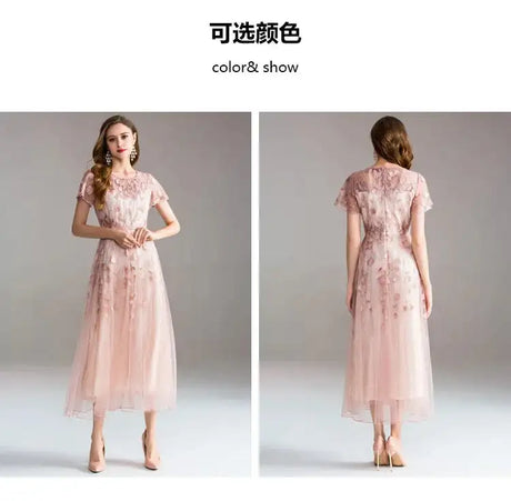 High-quality long dress embroidery large swing dress dress ladies elegant temperament round neck short-sleeved ladies dresses - Lootquake