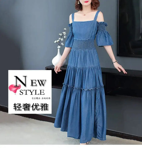 Denim 2023 summer new women's dress sling one word collar silk cowboy long dress - Lootquake