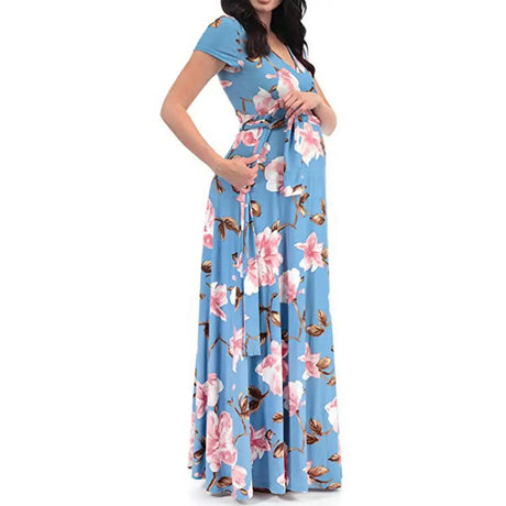 Chivry Maternity Dress Women Floral Print Short Sleeve V-neck Maxi Long Dress Pregnant Casual Clothes Summer Maternity Dress - Lootquake