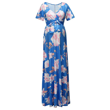 Chivry Maternity Dress Women Floral Print Short Sleeve V-neck Maxi Long Dress Pregnant Casual Clothes Summer Maternity Dress - Lootquake