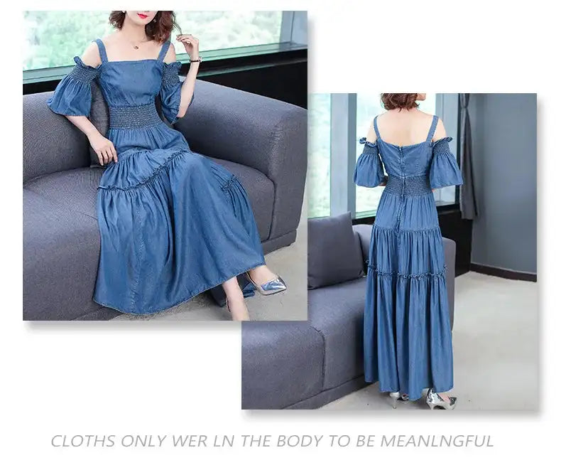 Denim 2023 summer new women's dress sling one word collar silk cowboy long dress - Lootquake