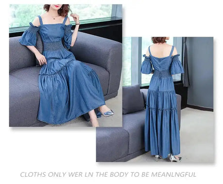Denim 2023 summer new women's dress sling one word collar silk cowboy long dress - Lootquake