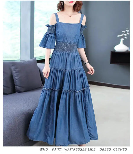 Denim 2023 summer new women's dress sling one word collar silk cowboy long dress - Lootquake
