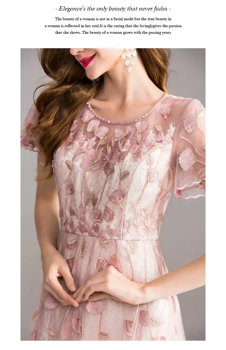 High-quality long dress embroidery large swing dress dress ladies elegant temperament round neck short-sleeved ladies dresses - Lootquake
