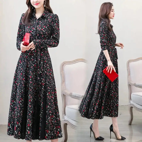 Women's Chiffon Stitching Lace Dress, Lady's Elegant Temperament Long Dress, Shirt Collar, Long Sleeve, Print Dresses, New - Lootquake