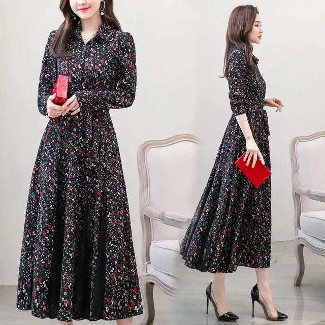 Women's Chiffon Stitching Lace Dress, Lady's Elegant Temperament Long Dress, Shirt Collar, Long Sleeve, Print Dresses, New - Lootquake