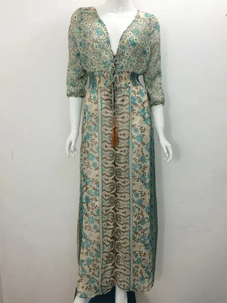 TEELYNN boho long dress Vintage 2023 floral print Chiffon three quarter sleeve v-neck summer Gypsy Hippie women dresses vestidos - Lootquake