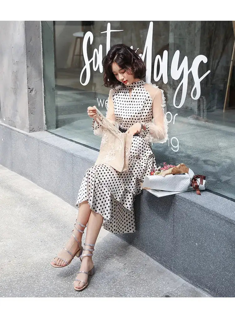 Transparent Long-Sleeved Chiffon Dress for Ladies, Polka Dot, Elegant Temperament, Fashion, New - Lootquake
