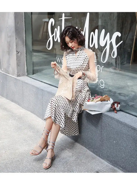 Transparent Long-Sleeved Chiffon Dress for Ladies, Polka Dot, Elegant Temperament, Fashion, New - Lootquake