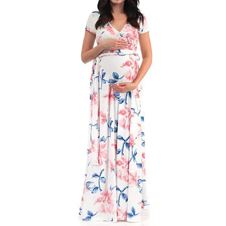 Chivry Maternity Dress Women Floral Print Short Sleeve V-neck Maxi Long Dress Pregnant Casual Clothes Summer Maternity Dress - Lootquake