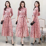 Women's Chiffon Stitching Lace Dress, Lady's Elegant Temperament Long Dress, Shirt Collar, Long Sleeve, Print Dresses, New - Lootquake