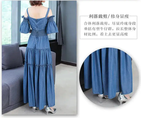 Denim 2023 summer new women's dress sling one word collar silk cowboy long dress - Lootquake
