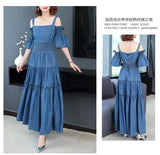 Denim 2023 summer new women's dress sling one word collar silk cowboy long dress - Lootquake