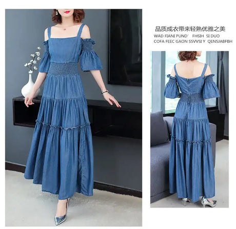 Denim 2023 summer new women's dress sling one word collar silk cowboy long dress - Lootquake