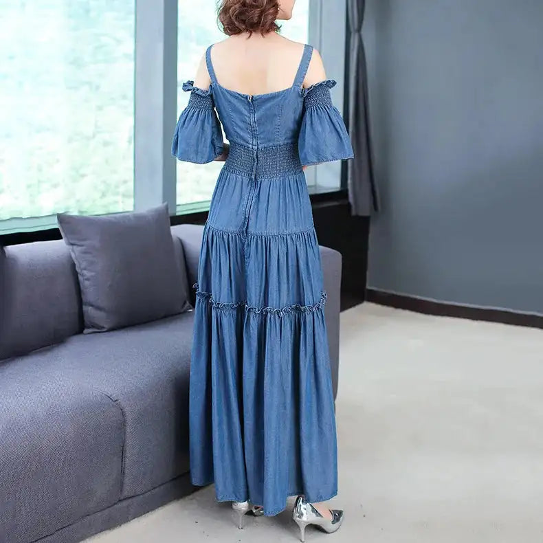 Denim 2023 summer new women's dress sling one word collar silk cowboy long dress - Lootquake