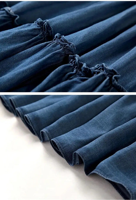 Denim 2023 summer new women's dress sling one word collar silk cowboy long dress - Lootquake
