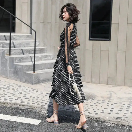 Transparent Long-Sleeved Chiffon Dress for Ladies, Polka Dot, Elegant Temperament, Fashion, New - Lootquake