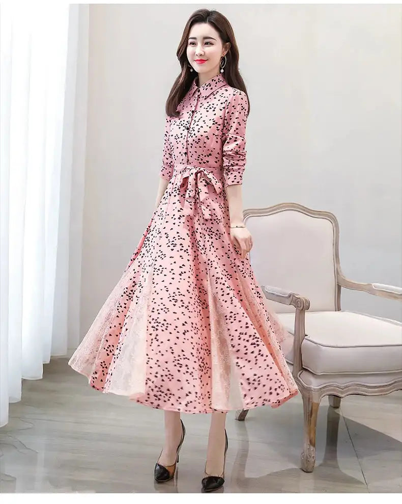 Women's Chiffon Stitching Lace Dress, Lady's Elegant Temperament Long Dress, Shirt Collar, Long Sleeve, Print Dresses, New - Lootquake