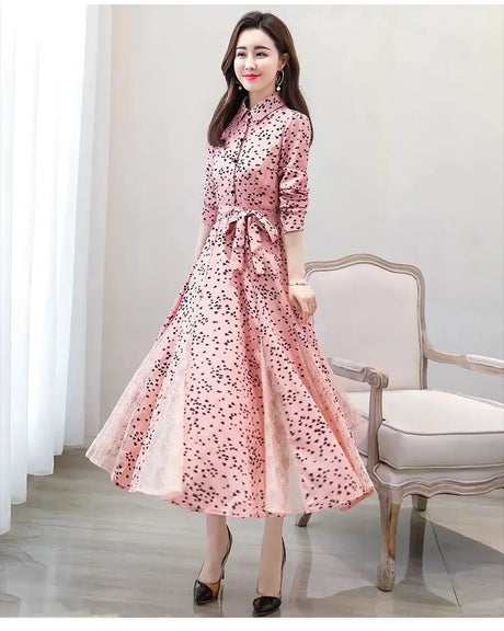 Women's Chiffon Stitching Lace Dress, Lady's Elegant Temperament Long Dress, Shirt Collar, Long Sleeve, Print Dresses, New - Lootquake