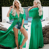 2024 Summer Bikini Cover-ups Women Bohemian Beach Long Dress Short Sleeve Lace Hollow Out Cardigan Swimwear Cover Ups Beachwear - Lootquake