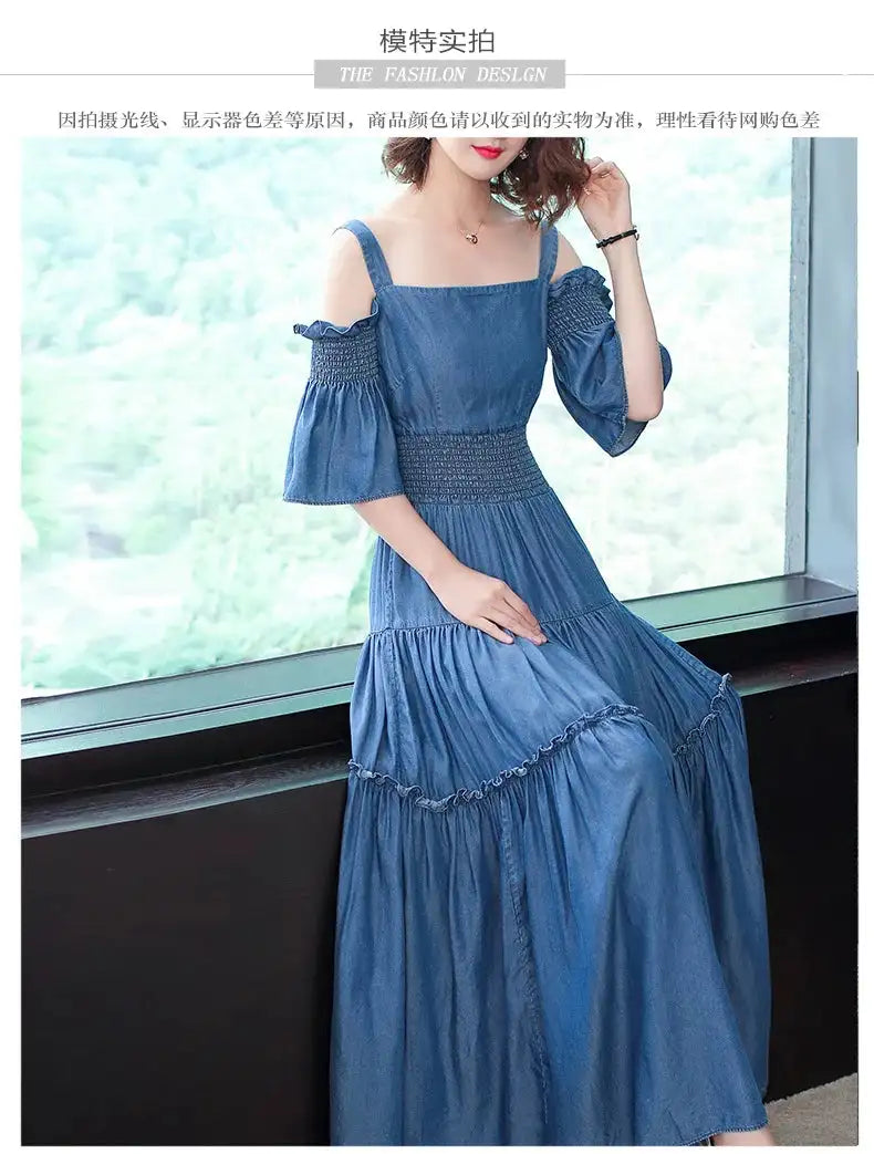 Denim 2023 summer new women's dress sling one word collar silk cowboy long dress - Lootquake