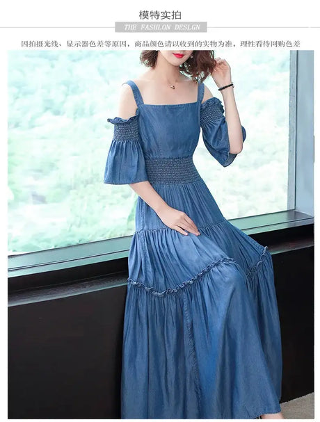 Denim 2023 summer new women's dress sling one word collar silk cowboy long dress - Lootquake