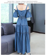 Denim 2023 summer new women's dress sling one word collar silk cowboy long dress - Lootquake
