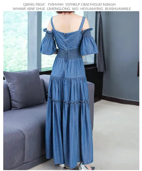 Denim 2023 summer new women's dress sling one word collar silk cowboy long dress - Lootquake