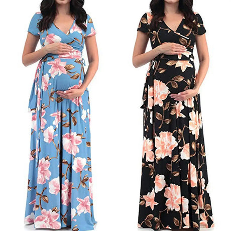 Chivry Maternity Dress Women Floral Print Short Sleeve V-neck Maxi Long Dress Pregnant Casual Clothes Summer Maternity Dress - Lootquake