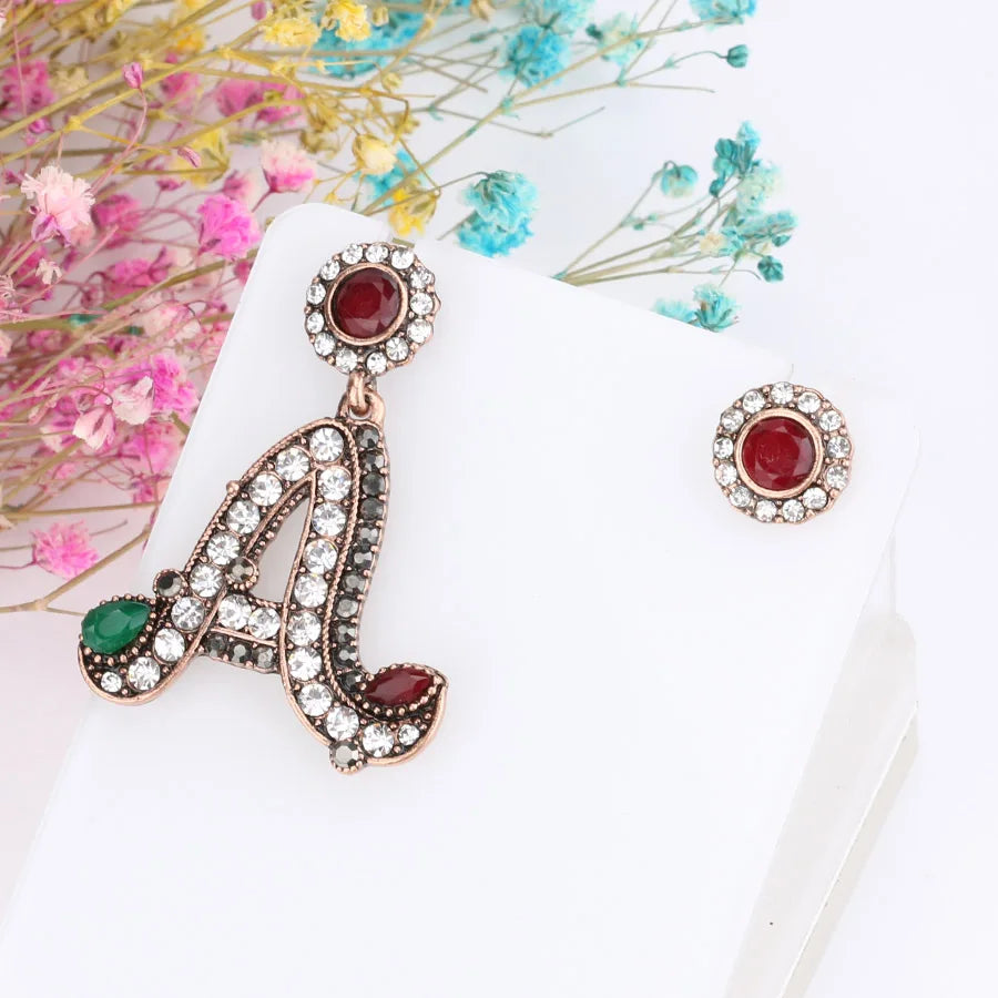 Letter A Statement Drop Earrings Rhinestone Gold Round Stud Asymmetrical Earrings Vintage Turkish Jewelry - Lootquake