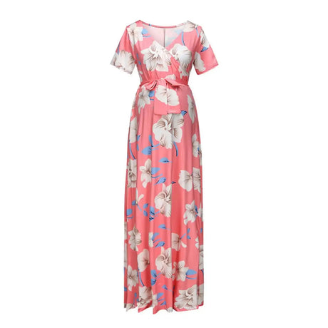 Chivry Maternity Dress Women Floral Print Short Sleeve V-neck Maxi Long Dress Pregnant Casual Clothes Summer Maternity Dress - Lootquake