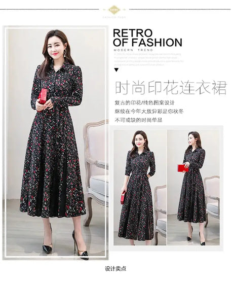 Women's Chiffon Stitching Lace Dress, Lady's Elegant Temperament Long Dress, Shirt Collar, Long Sleeve, Print Dresses, New - Lootquake