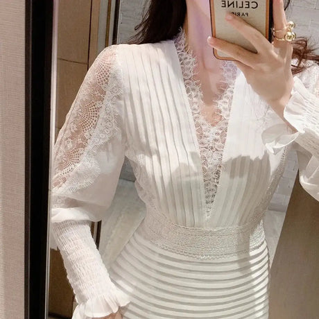 JSXDHK 2024 New Runway Designer Women Black Long Dress Elegant Spring Chiffon Patchwork Lace V Neck Lantern Sleeve Pleated Dress - Lootquake