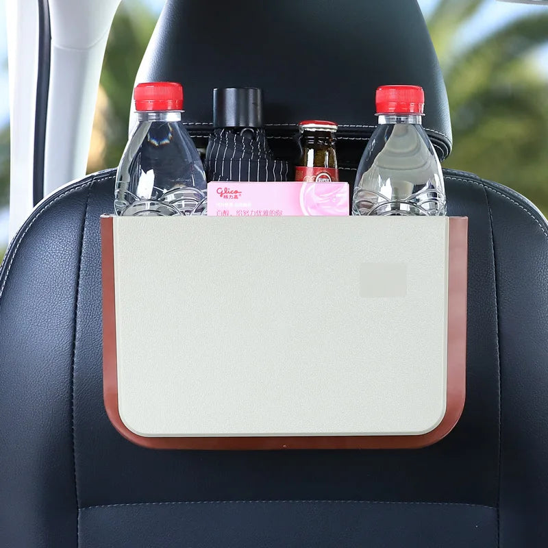 Cubo de basura para coche con marco beige, organizador de almacenamiento automático, contenedor de basura, diseño de almacenamiento y orden, cubo de basura plegable, cenicero, suministros