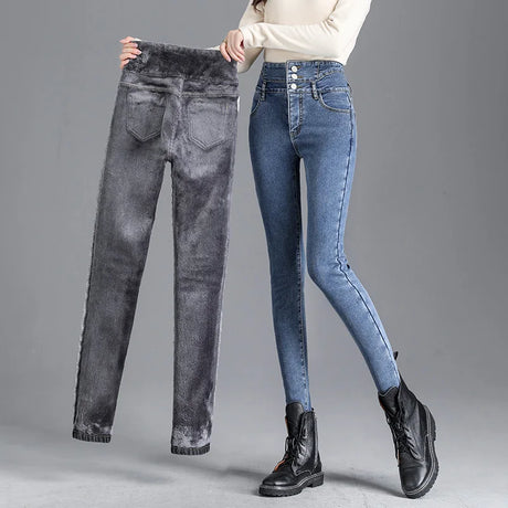 Thermal Winter Thick Fleece High-waist Warm Skinny Jeans Thick Women Stretch Button Pencil Pants Mom Casual Velvet Jeans - Lootquake