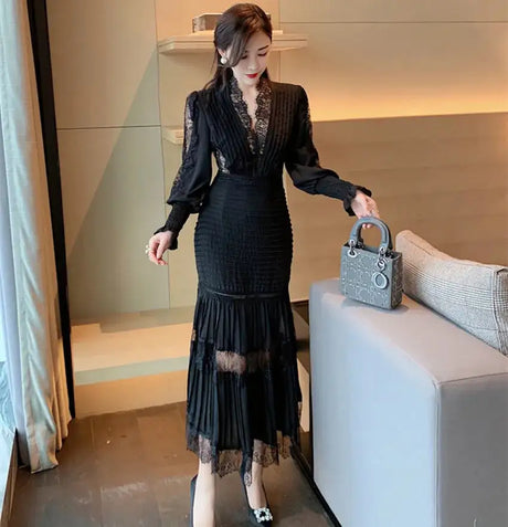 JSXDHK Fashion Runway Women Pleated Party Dress Spring Sexy V Neck Lantern Sleeve Chiffon Patchwork Lace Bodycon Slim Long Dress - Lootquake