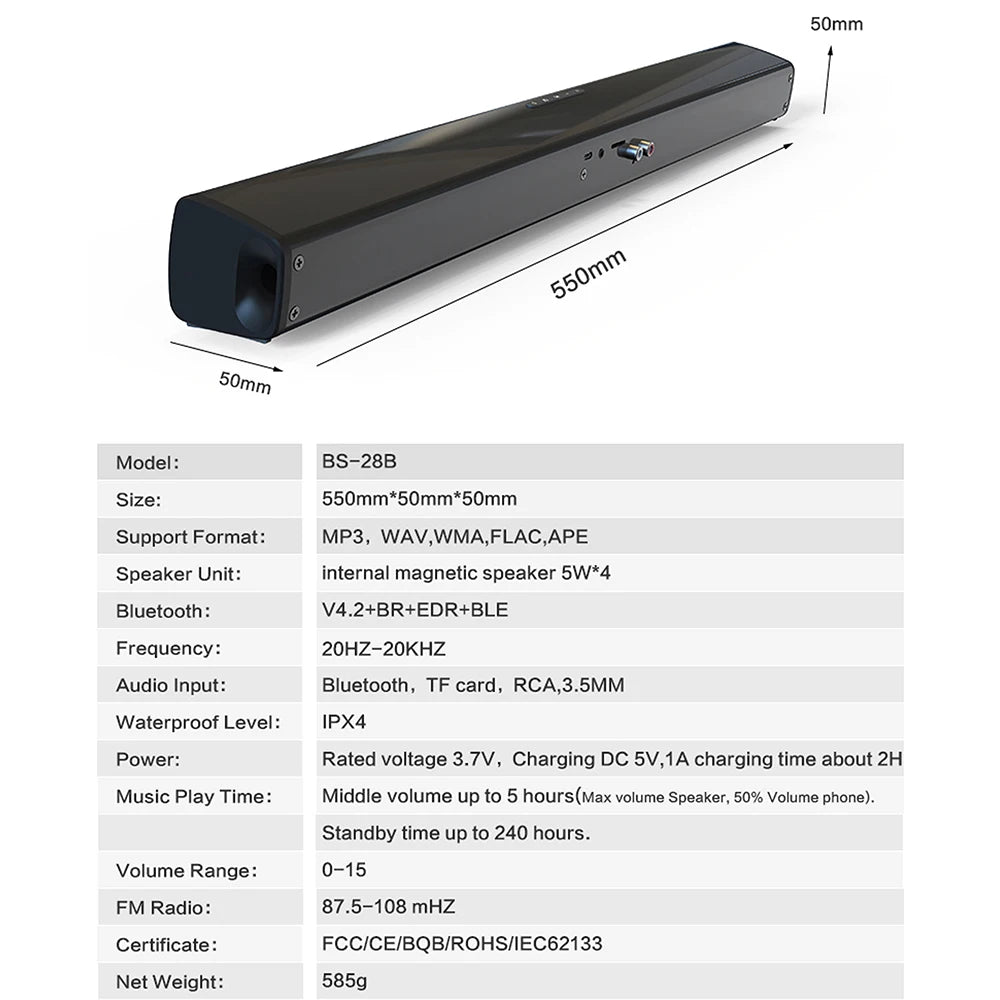 20W Wireless Bluetooth Soundbar Stereo Speakers Home Theater PC TV Sound Bar Surround Sound System AUX TF FM Radio Column BS28B