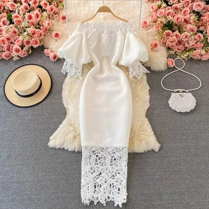 Sexy Hollow Out Lace Bodycon Long Dress Women Elegant Red/Pink/White Off Shoulder Patchwork Maxi Party Vestidos 2021 Autumn New - Lootquake