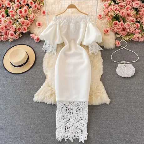 Sexy Hollow Out Lace Bodycon Long Dress Women Elegant Red/Pink/White Off Shoulder Patchwork Maxi Party Vestidos 2021 Autumn New - Lootquake