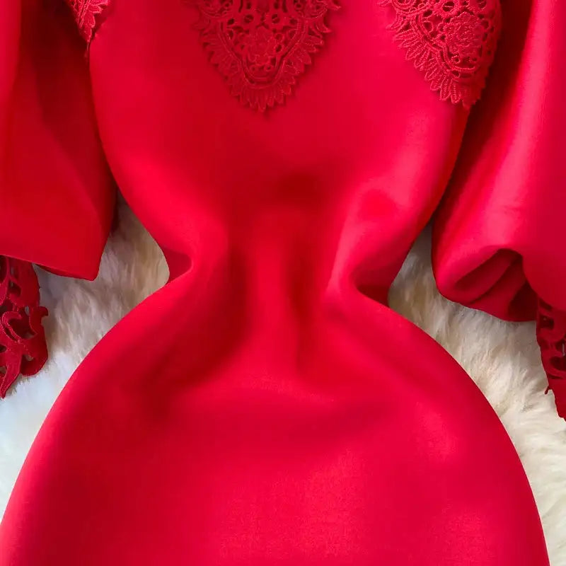 Sexy Hollow Out Lace Bodycon Long Dress Women Elegant Red/Pink/White Off Shoulder Patchwork Maxi Party Vestidos 2021 Autumn New - Lootquake