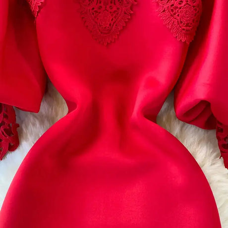 Sexy Hollow Out Lace Bodycon Long Dress Women Elegant Red/Pink/White Off Shoulder Patchwork Maxi Party Vestidos 2021 Autumn New - Lootquake