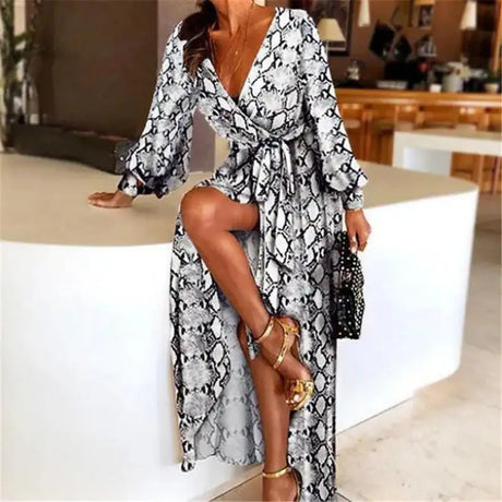 2021 New Style Fashion Elegant Women Sexy Boat Neck Glitter Deep V Neck Print Party Dress Formal Long Dress Sexy Clubwear - Lootquake