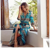 1pcs/lot Women Bohemia V-neck Three Quarter Sleeve Floral Print Ethnic Autumn Beach Boho Long Dress - Lootquake