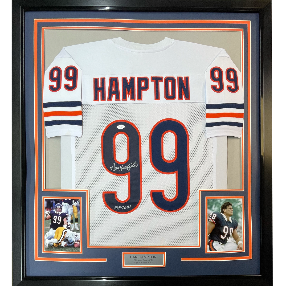 Camiseta de fútbol americano blanca de Chicago, enmarcada, autografiada y firmada por Dan Hampton, 35 x 39, HOF 2002, JSA COA