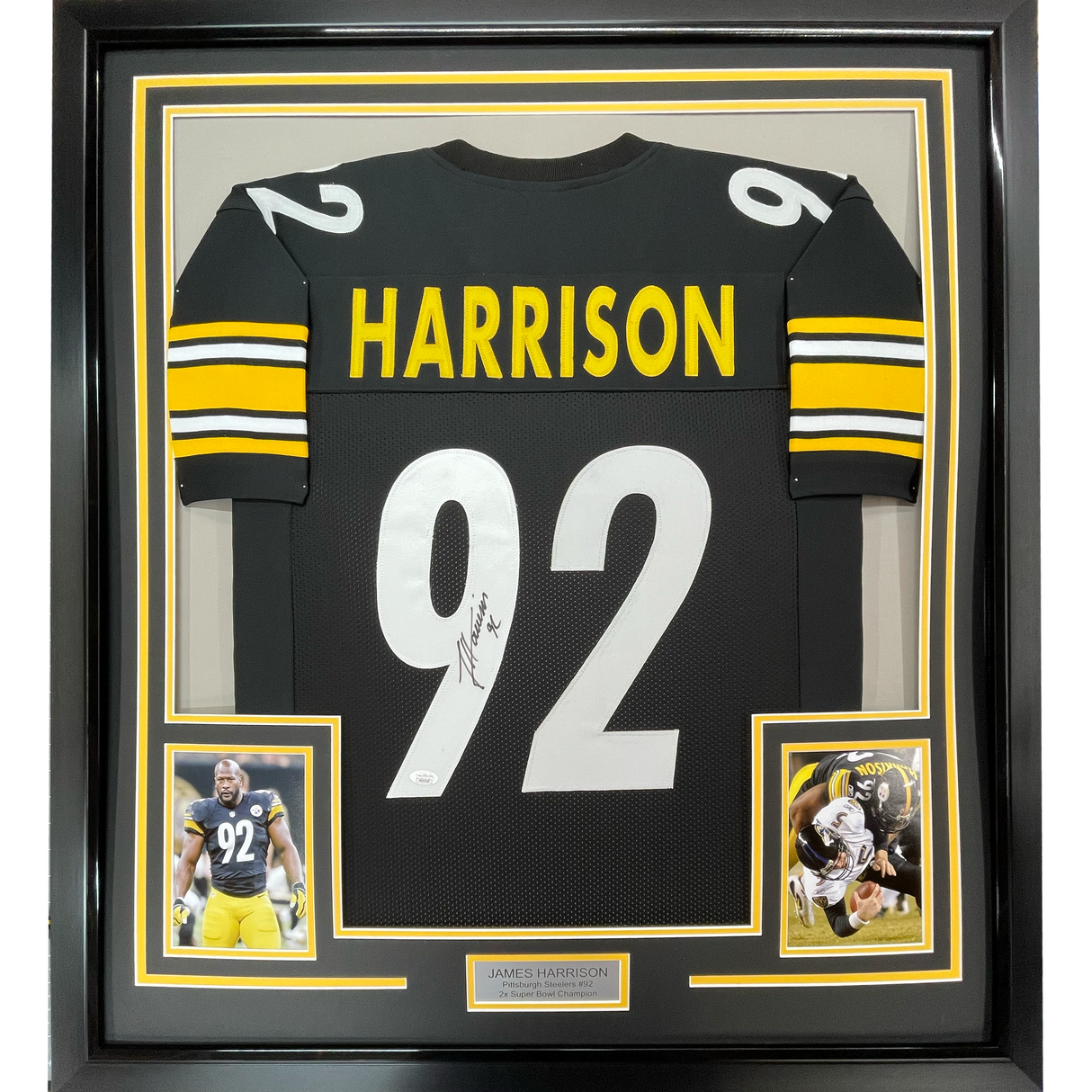 Camiseta de fútbol americano de Pittsburgh Beckett BAS COA enmarcada, autografiada y firmada por James Harrison, 35 x 39, color negro