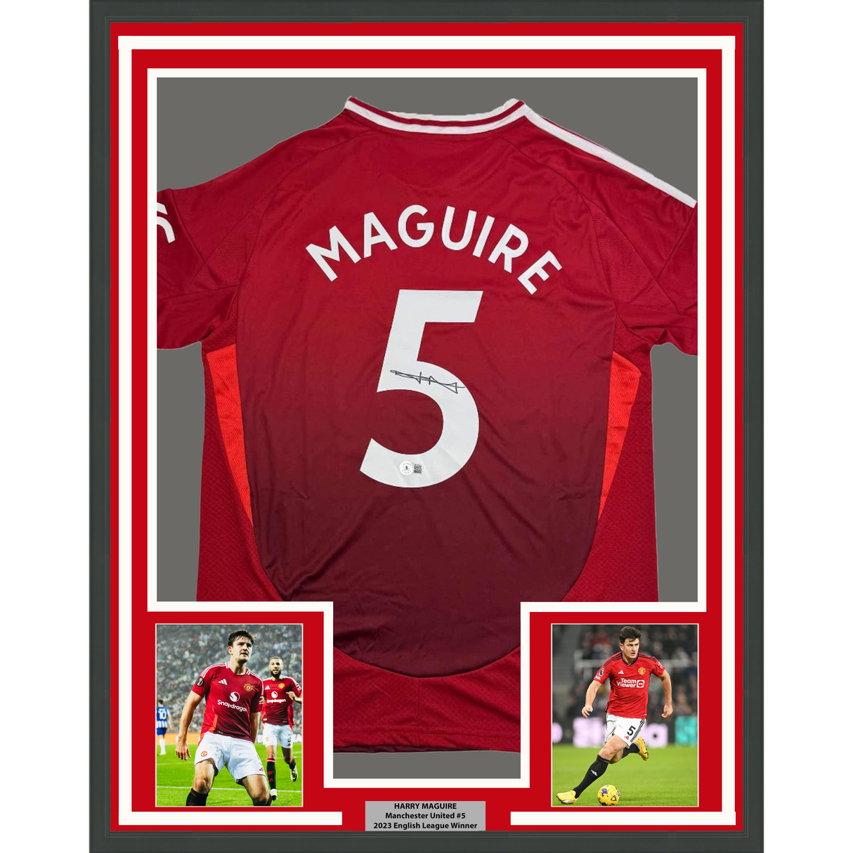 Camiseta de fútbol roja del Manchester United Beckett BAS COA, enmarcada, autografiada y firmada por Harry Maguire, 35 x 39