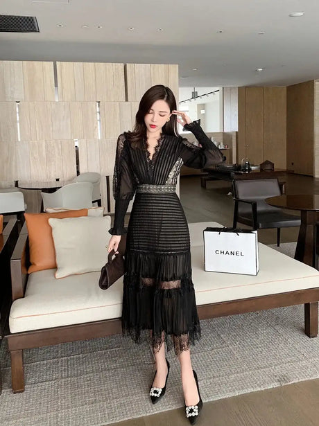 JSXDHK 2024 New Runway Designer Women Black Long Dress Elegant Spring Chiffon Patchwork Lace V Neck Lantern Sleeve Pleated Dress - Lootquake