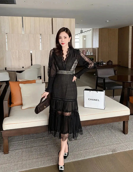JSXDHK 2024 New Runway Designer Women Black Long Dress Elegant Spring Chiffon Patchwork Lace V Neck Lantern Sleeve Pleated Dress - Lootquake